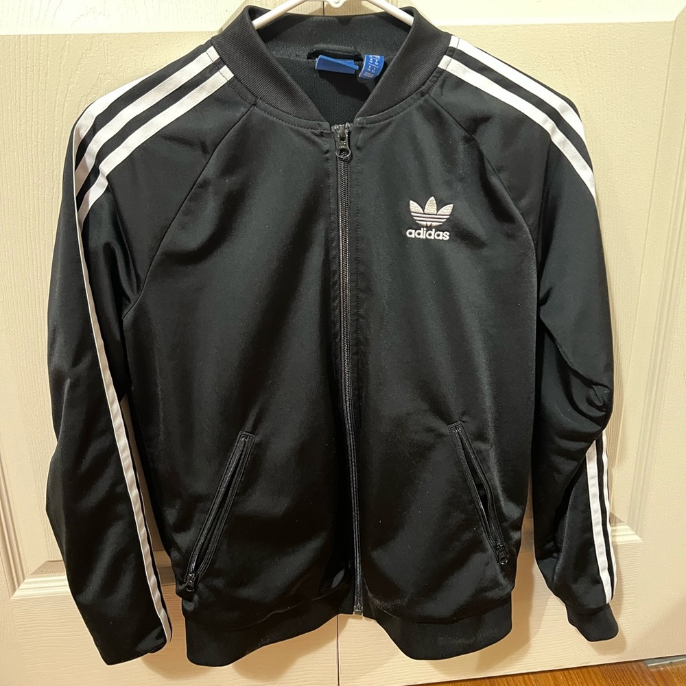 Adidas Women's Black Bomber Jacket with White Stripes